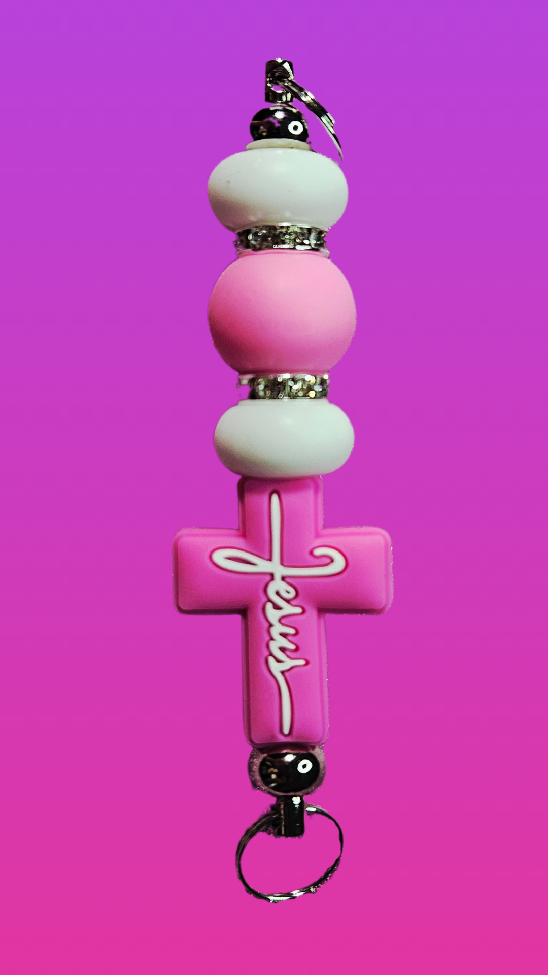 PINK JESUS CROSS SILICONE BEAD BAR KEYCHAIN