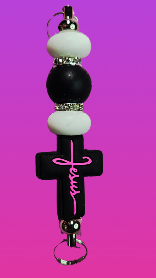 BLACK AND PINK JESUS SILICONE BEAD BAR KEYCHAIN