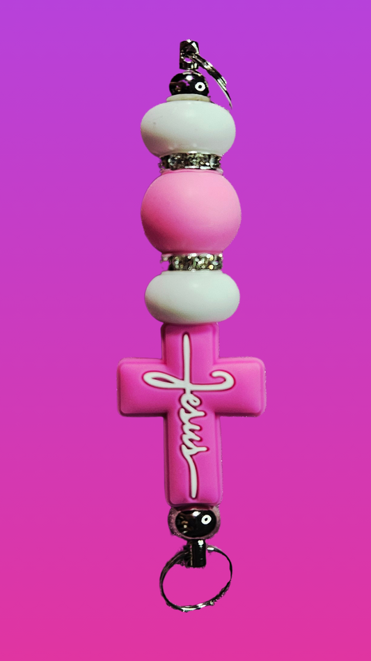 PINK JESUS CROSS SILICONE BEAD BAR KEYCHAIN