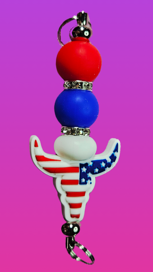 PATRIOTIC STEER HORN SILICONE BEAD BAR KEYCHAIN
